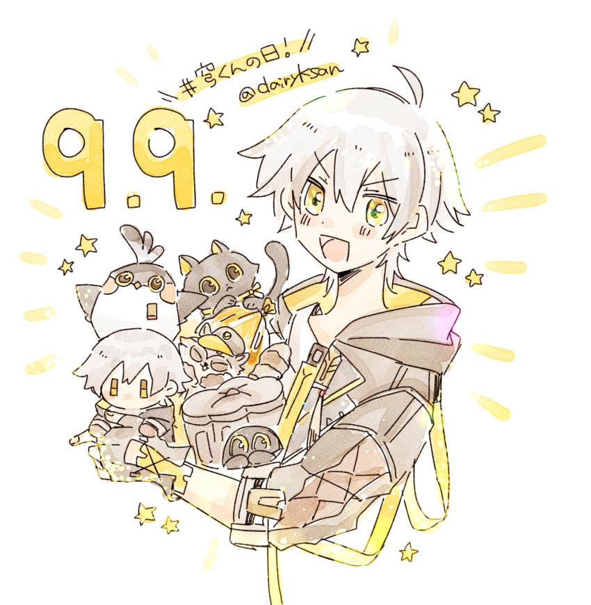 1boy, ahoge, animal, animal_ears, animal_nose, bandana, beak, bird