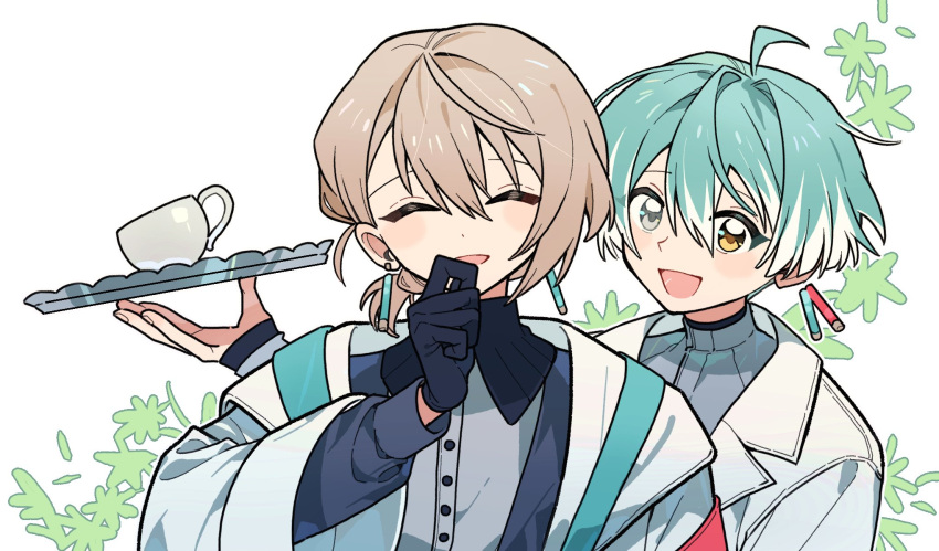 2boys, :d, ^_^, ahoge, aqua_hair, blonde_hair, blush, buttons