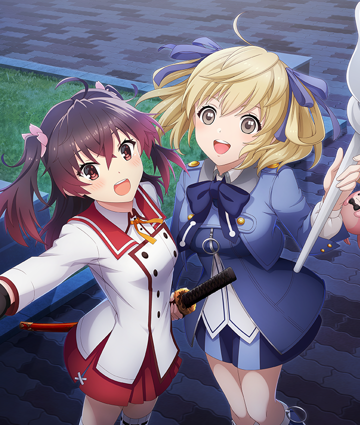 2girls, :d, ahoge, asakura_mihono, black_gloves, blonde_hair, blue_bow, blue_bowtie
