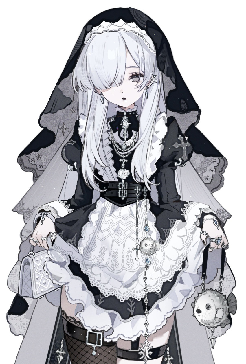 1girl, anomalycollon, black_veil, clothes_lift, commentary, dress, earrings, english_commentary, fish, fishnet_pantyhose, fishnets, hair_over_one_eye, highres, jewelry, long_hair, nun, original, pantyhose, puffer_fish, simple_background, skirt, skirt_lift, solo, veil, white_background, white_dress, white_hair