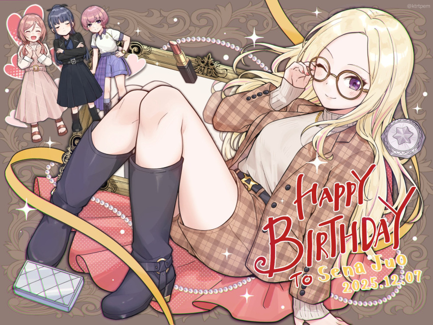 4girls, adjusting_eyewear, amaya_tsubame, arimura_mao, bespectacled, black_boots, blonde_hair, blush