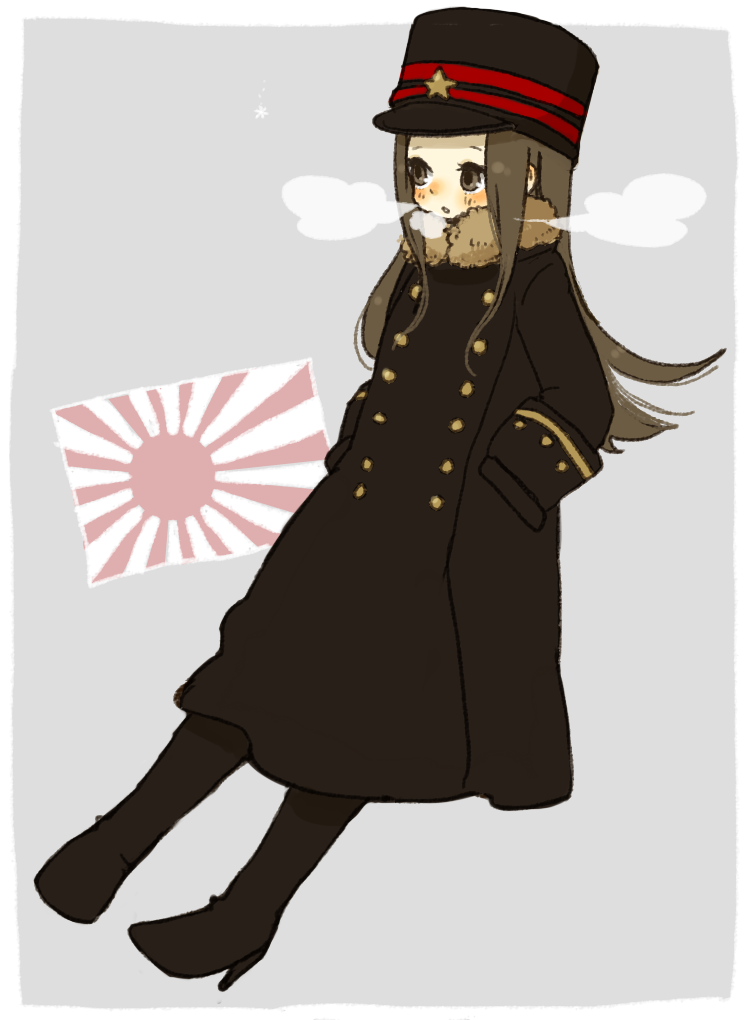 1girl, black_boots, black_coat, black_hat, blush, boots, border, breath