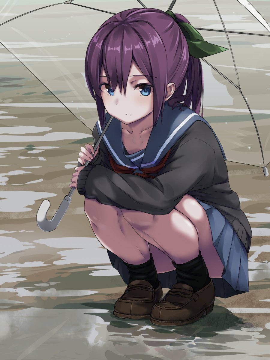 1girl, black_shirt, black_socks, blue_eyes, blue_sailor_collar, blue_skirt, bow, brown_shoes