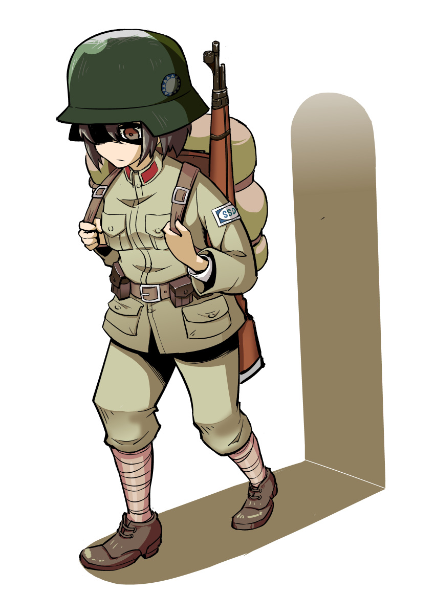1girl, absurdres, backpack, bag, bolt_action, brown_eyes, brown_hair, closed_mouth