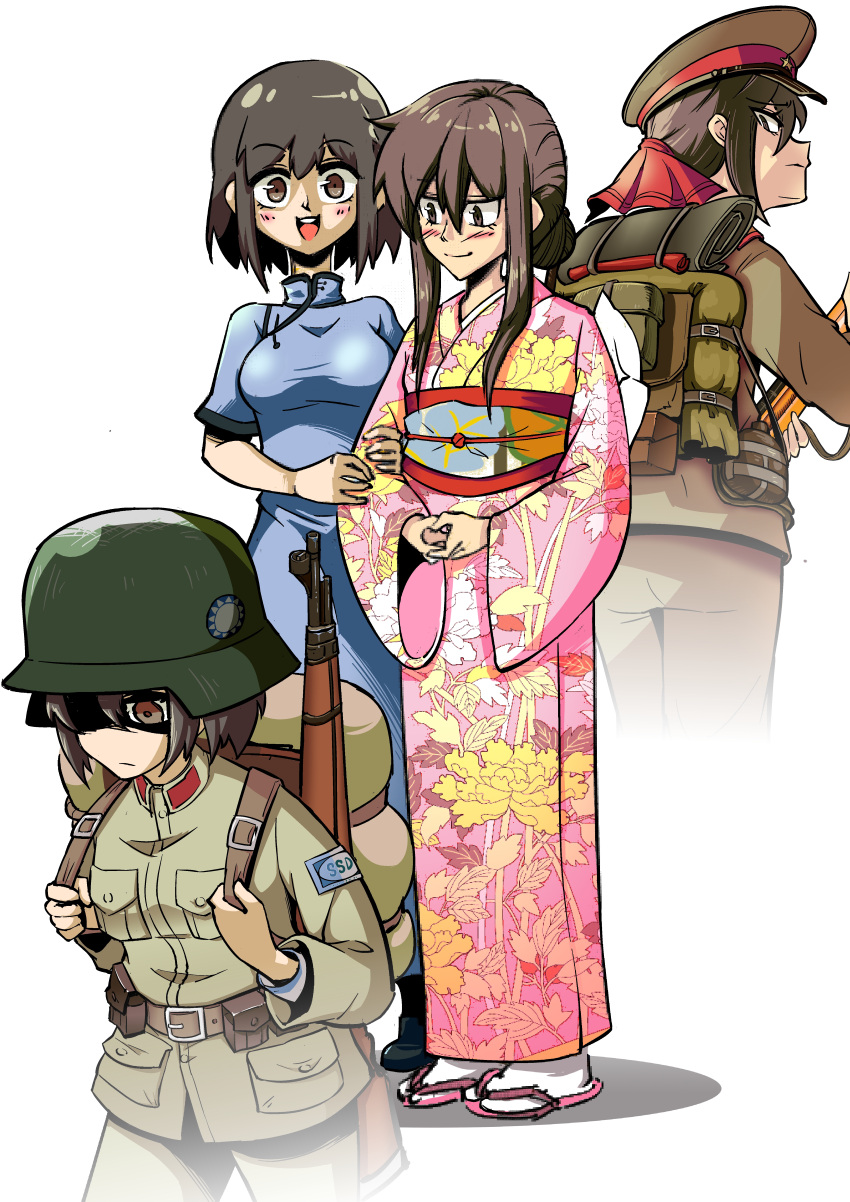 2girls, :d, absurdres, backpack, bag, bolt_action, brown_eyes, brown_hair
