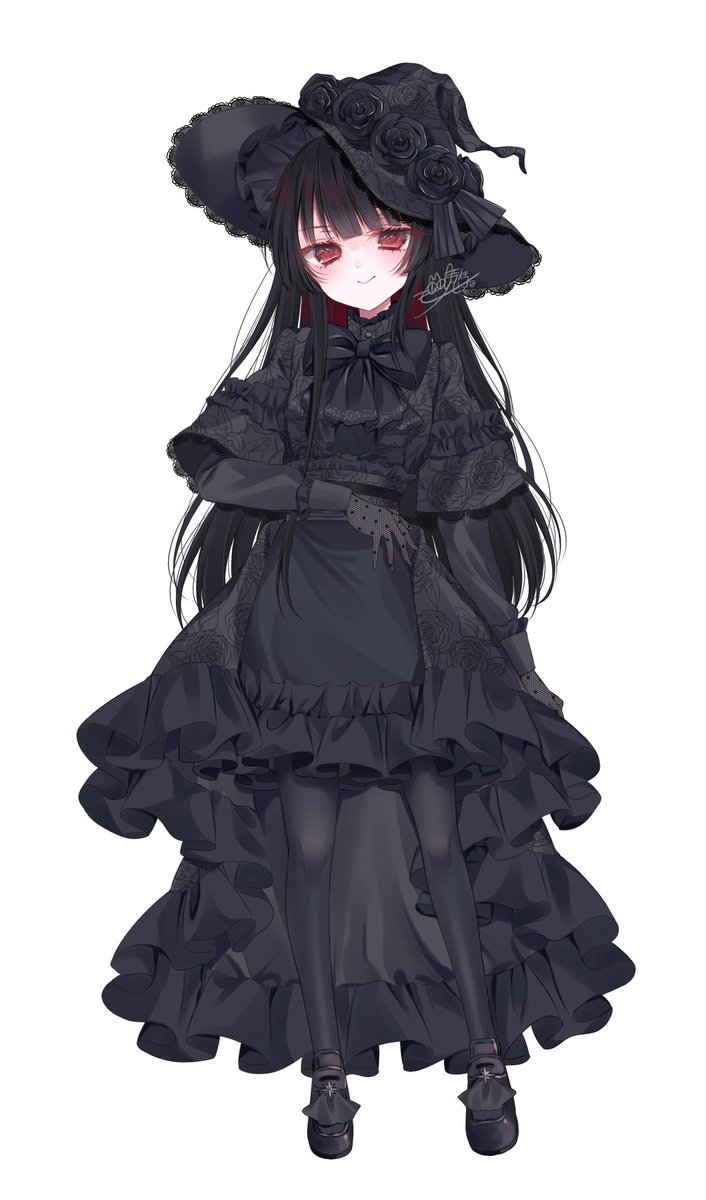 1girl, alternate_costume, black_dress, black_gloves, black_hair, black_pantyhose, black_shoes, colored_inner_hair