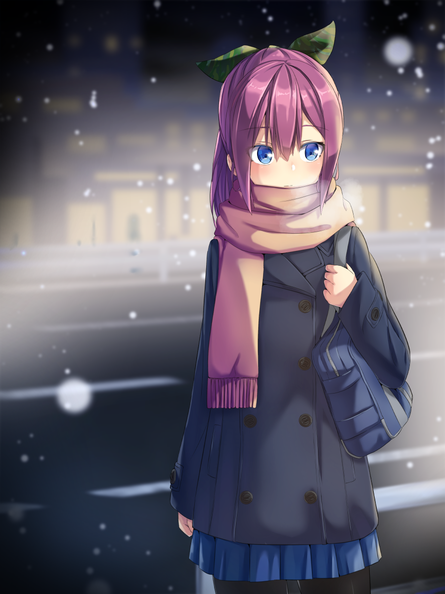 1girl, bag, black_coat, black_thighhighs, blue_eyes, blue_skirt, bow, brown_scarf, closed_mouth, coat, green_bow, hair_between_eyes, hair_bow, highres, hikami_satori, holding, holding_bag, jikkyou_powerful_pro_yakyuu, long_hair, night, outdoors, pleated_skirt, ponytail, purple_hair, rb2, scarf, school_bag, shoulder_bag, skirt, snow, snowing, solo, thigh-highs