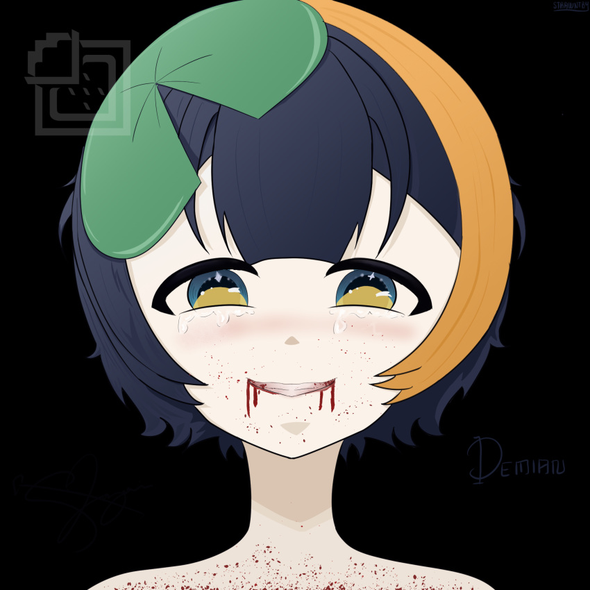 1girl, bare_shoulders, blood, blood_on_face, blue_eyes, blue_hair, crayon_(vtuber), crying, highres, indie_virtual_youtuber, lily_pad, non-web_source, smile, tears
