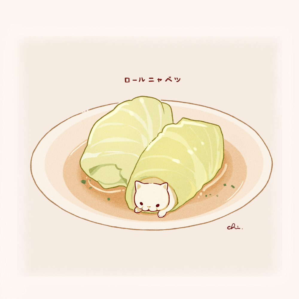 animal, cabbage, cabbage_roll, cat, chai_(drawingchisanne), food, food_focus, in_food, no_humans, original, plate, signature, solo
