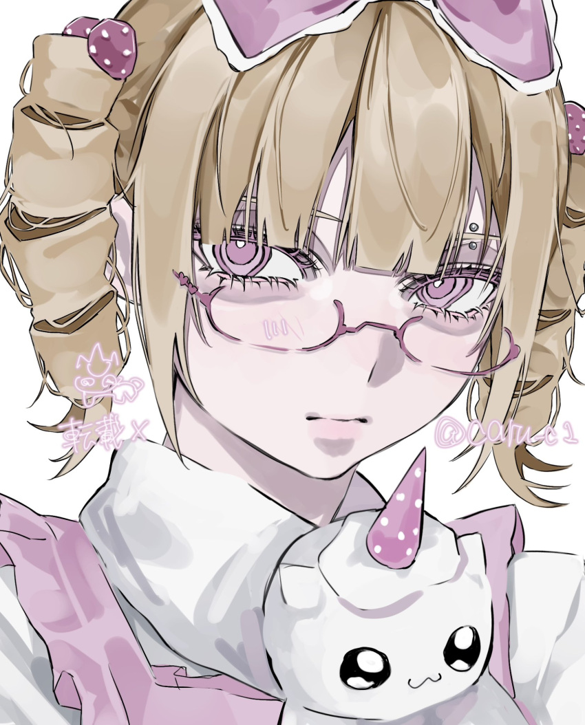 1girl, aegyo_sal, blonde_hair, bow, caru_c1, closed_mouth, commentary, drill_hair