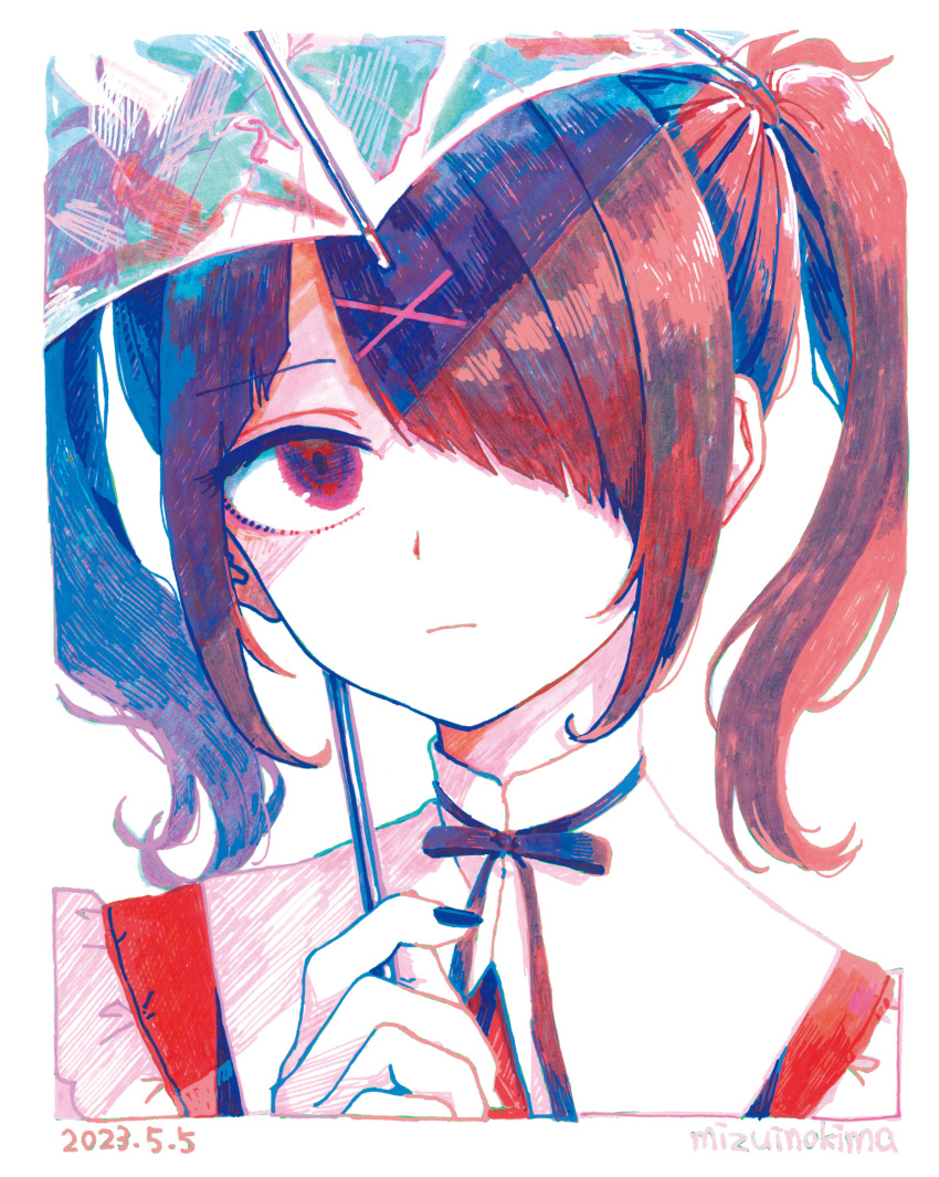 1girl, absurdres, ame-chan_(needy_girl_overdose), black_eyes, black_hair, commentary_request, diagonal_bangs, hair_over_one_eye