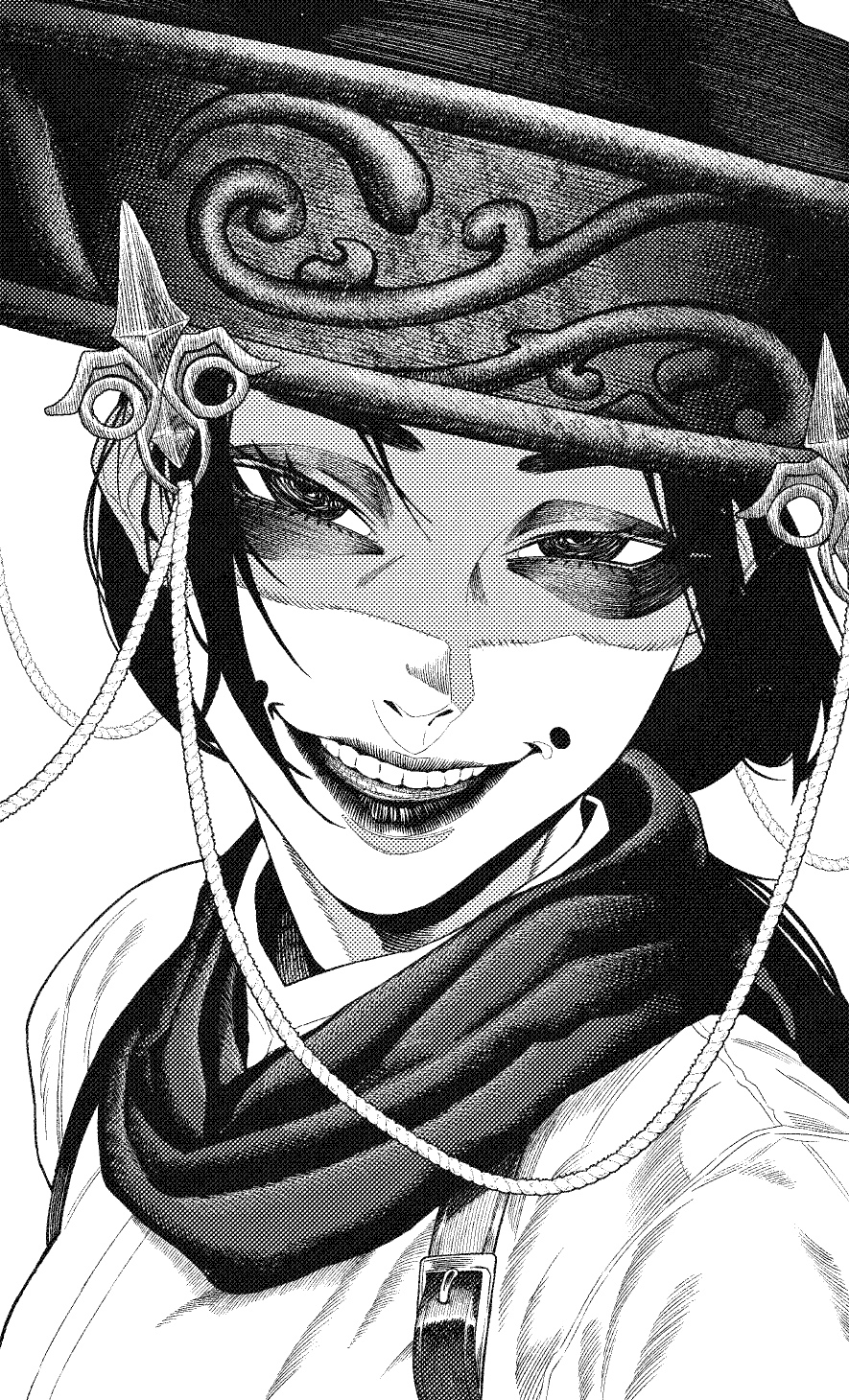 1girl, hat, hatching_(texture), highres, lips, looking_at_viewer, mole, mole_on_cheek