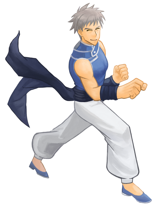 1boy, artist_request, baggy_pants, blue_sash, blue_shirt, blue_shoes, clenched_hands, closed_eyes
