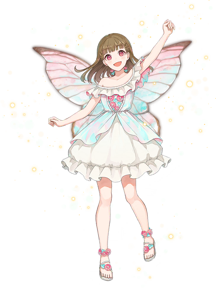 1girl, arm_up, bare_shoulders, blunt_bangs, bow, braid, brown_hair, center-flap_bangs, collarbone, dress, fairy, fairy_wings, full_body, game_cg, hair_bow, hasunosora_fantasy, iridescent_clothes, kachimachi_kosuzu, link!_like!_love_live!, looking_at_viewer, love_live!, non-web_source, off-shoulder_dress, off_shoulder, official_alternate_costume, official_art, pink_bow, pink_eyes, sandals, side_braids, simple_background, solo, transparent_background, white_dress, white_sandals, wings