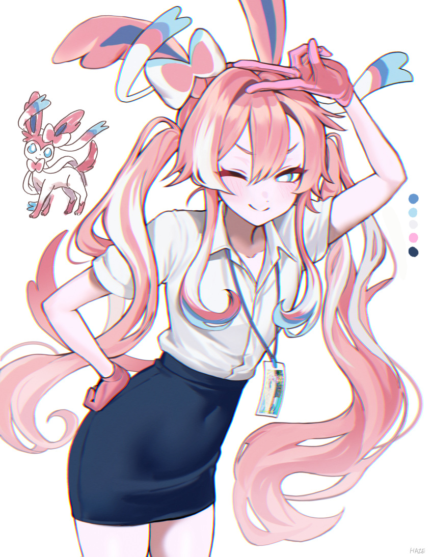 1girl, absurdres, animal_ears, aqua_eyes, aqua_streaks, arm_above_head, artist_name, black_skirt