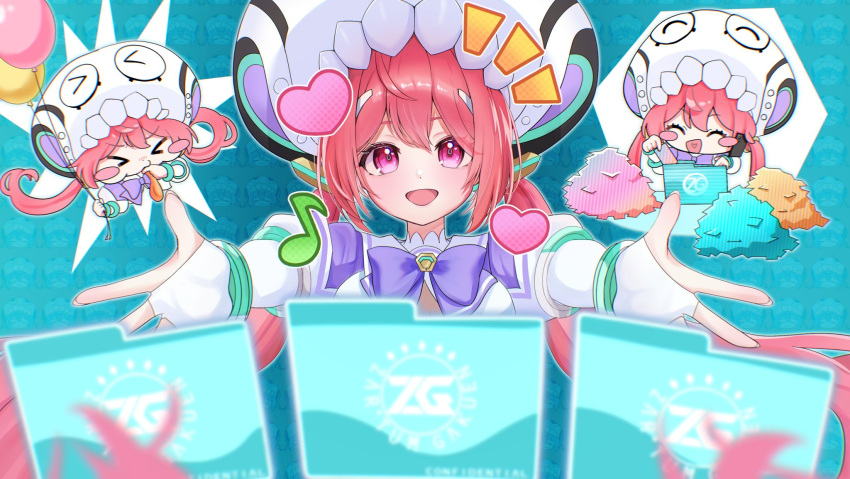 >_<, 1girl, balloon, bow, bowtie, chibi, chiichuu_120, closed_eyes, commentary_request, eighth_note, fingerless_gloves, folder, gloves, hair_ornament, hakuryou_high_school_uniform, hat, heart, highres, holding, holding_balloon, icon_(computing), large_hat, long_hair, low_twintails, multiple_views, musical_note, muv-luv, muv-luv_girls_garden, notice_lines, open_mouth, outstretched_arms, pico_(muv-luv_girls_garden), pink_eyes, pink_hair, purple_bow, purple_bowtie, reaching, reaching_towards_viewer, school_uniform, shirt, twintails, very_long_hair, white_gloves, white_hat, white_shirt