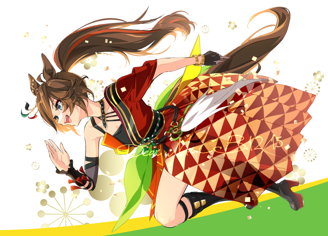 1girl, ahoge, animal_ears, bare_shoulders, black_boots, black_hair, blue_eyes, boots