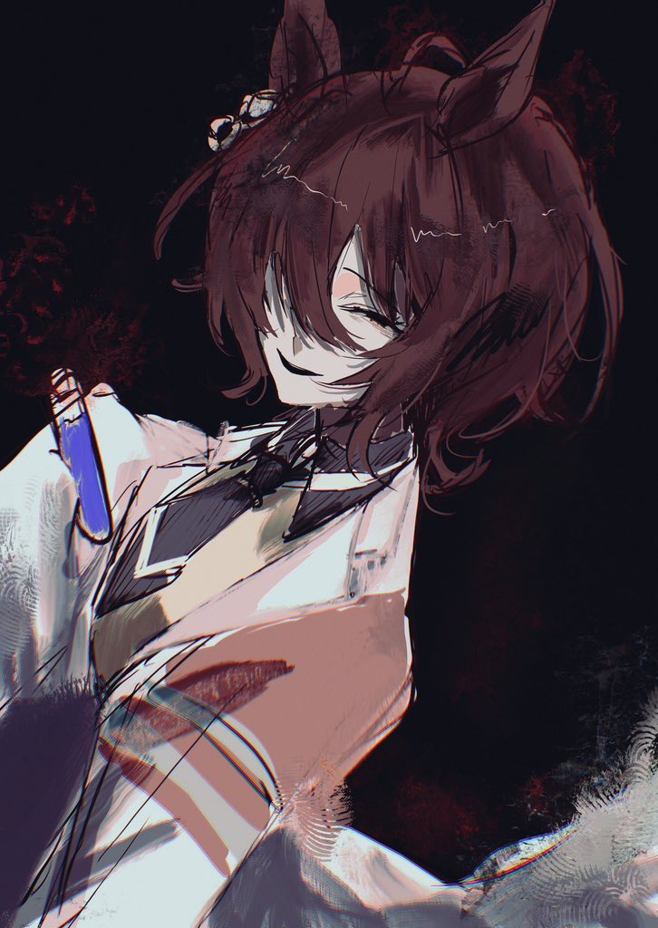 1girl, agnes_tachyon_(umamusume), ahoge, animal_ears, black_background, black_eyes, black_necktie, black_shirt