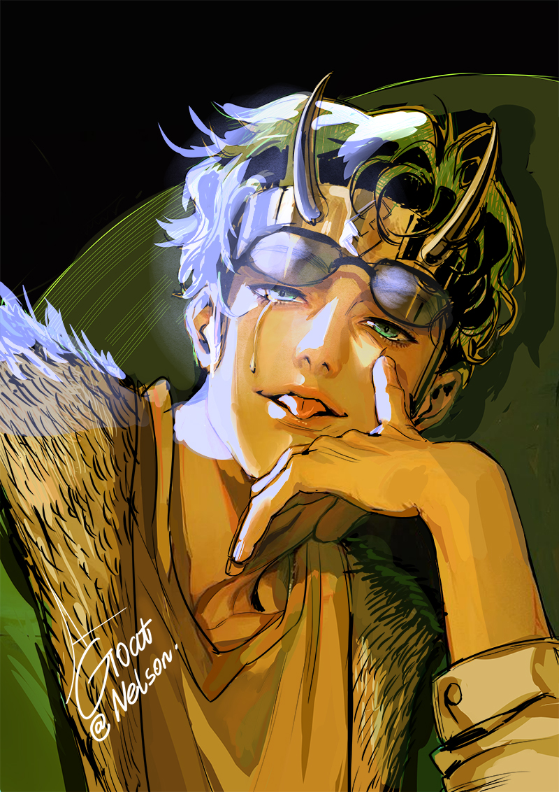 1boy, agoatnelson, artist_name, black_hair, commentary, eyelid_pull, eyewear_on_head, fake_horns, fur-trimmed_jacket, fur_trim, green_eyes, green_jacket, hashtag-only_commentary, horned_headwear, horns, jacket, loki_(marvel), looking_at_viewer, male_focus, marvel, shirt, short_hair, solo, sunglasses, tears, tears_from_one_eye, thor_(marvel)_(series), tongue, tongue_out, upper_body, yellow_shirt