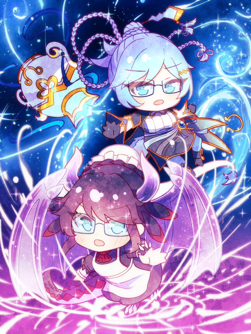 2girls, apron, aqua_eyes, aqua_hair, biscuit_(oishiibiscuit), black_dress, black_gloves, black_hair