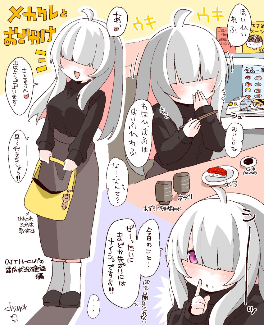 1girl, ahoge, bag, black_sweater, blunt_bangs, blush, booth_seating, chopsticks