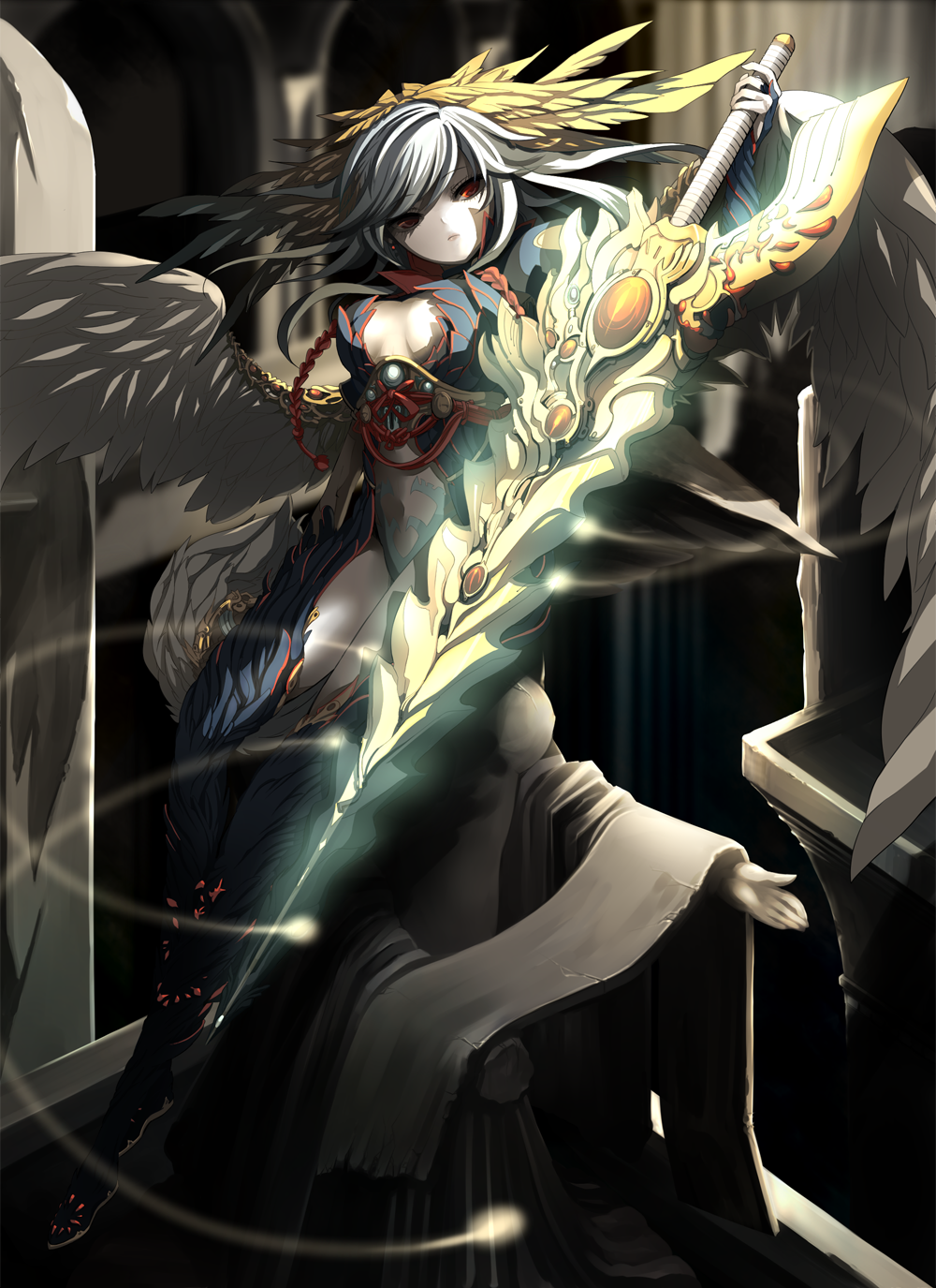 breasts, cleavage, highres, lord_of_vermilion, mega5155214x, powers_(lord_of_vermilion), red_eyes, silver_hair