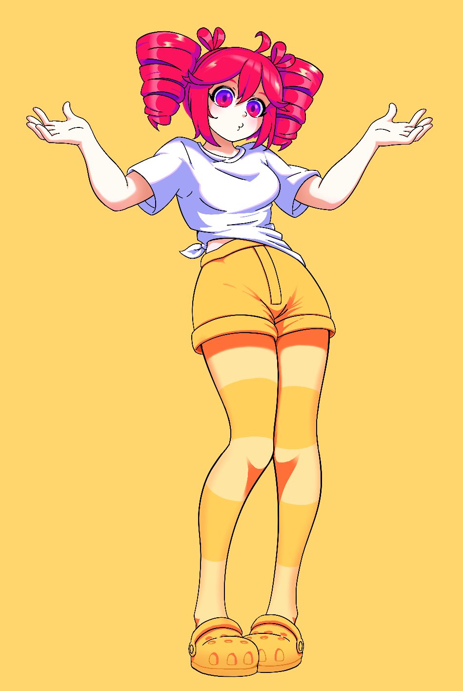 1girl, ahoge, amaris_lunula, arms_up, birdbrain_(synthesizer_v), crocs, drill_hair, full_body