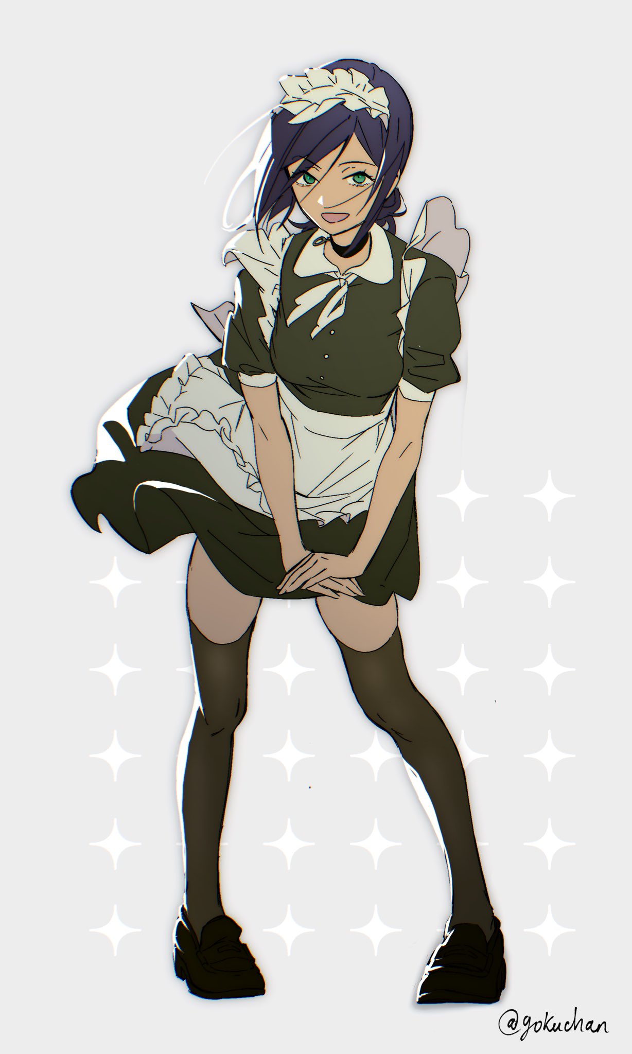 apron, black_choker, black_dress, black_shoes, black_thighhighs, breasts, chainsaw_man, choker