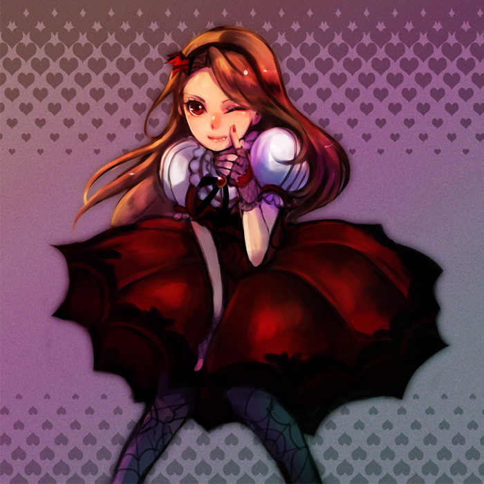 9wa, bad_id, brown_eyes, brown_hair, dress, female, fingerless_gloves, gloves