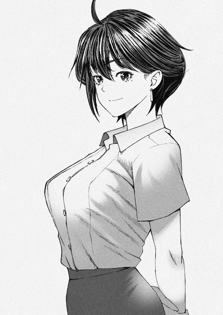 1girl, ahoge, anna_ayasaki, arms_behind_back, breasts, buttons, closed_mouth, collared_shirt