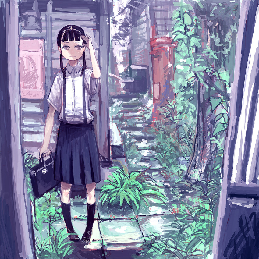 bag, black_hair, kneehighs, mo-mo-ride, original, plant, school_uniform, skirt