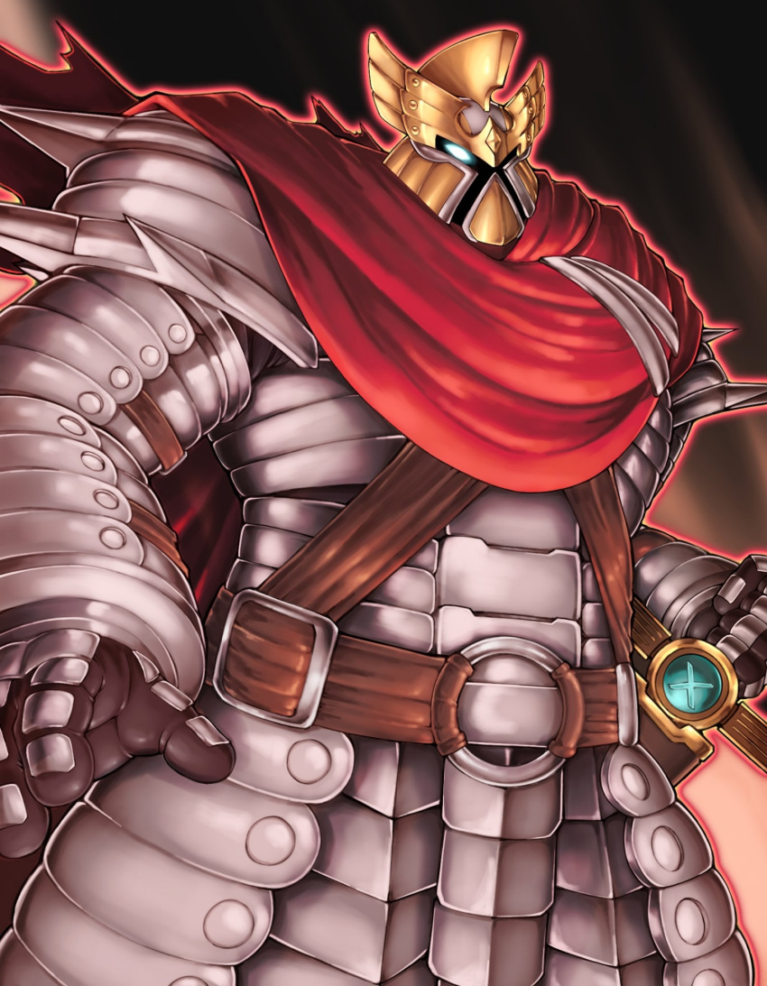 1boy, armor, blue_eyes, cape, duel_monster, full_armor, gauntlets, glowing