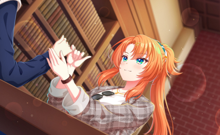 1girl, blue_eyes, blurry, blush, bookshelf, bracelet, commentary_request, game_cg