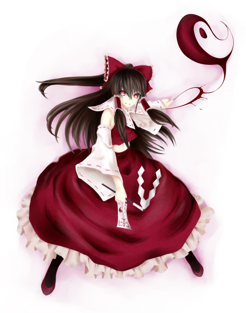 ascot, bow, brown_hair, cheungchz, detached_sleeves, gohei, hair_bow, hair_tubes