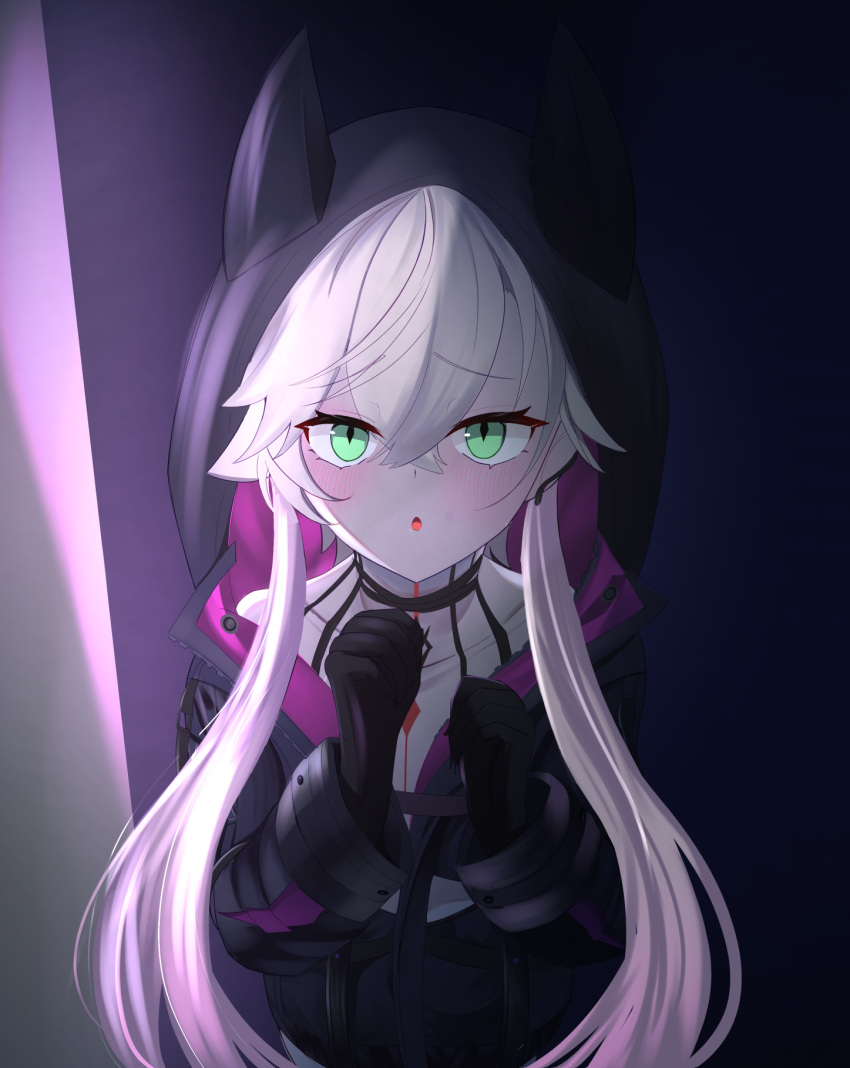 1girl, blush, chest_tattoo, commentary_request, fate/grand_order, fate_(series), gradient_hair, green_eyes, highres, hood, hoodie, lilith_(fate), lilith_(first_ascension)_(fate), multicolored_hair, open_mouth, pink_hair, san_f, solo, tattoo, twintails, white_hair