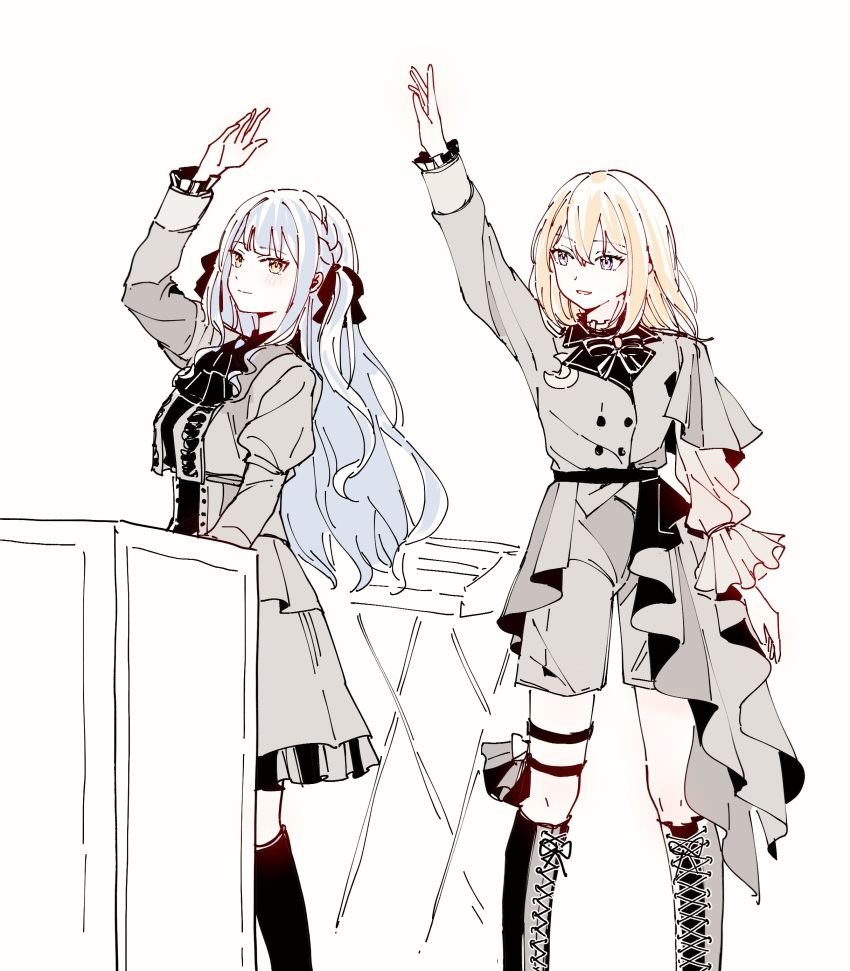 2girls, absurdres, arm_up, bang_dream!, bang_dream!_it's_mygo!!!!!, blue_hair, chinese_commentary, commentary_request, dress, grey_dress, grey_jacket, grey_shorts, hachibousei_dance_(bang_dream!), hair_between_eyes, highres, jacket, long_hair, long_sleeves, misumi_uika, multiple_girls, open_mouth, sen_jin_chen, shorts, sidelocks, simple_background, togawa_sakiko, violet_eyes, white_background