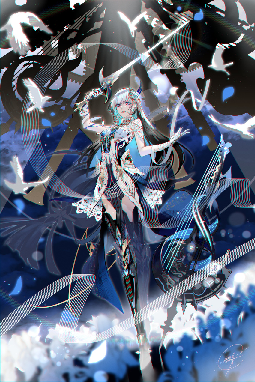 1girl, absurdres, animal, artist_name, bandaged_arm, bandages, bird, blue_eyes