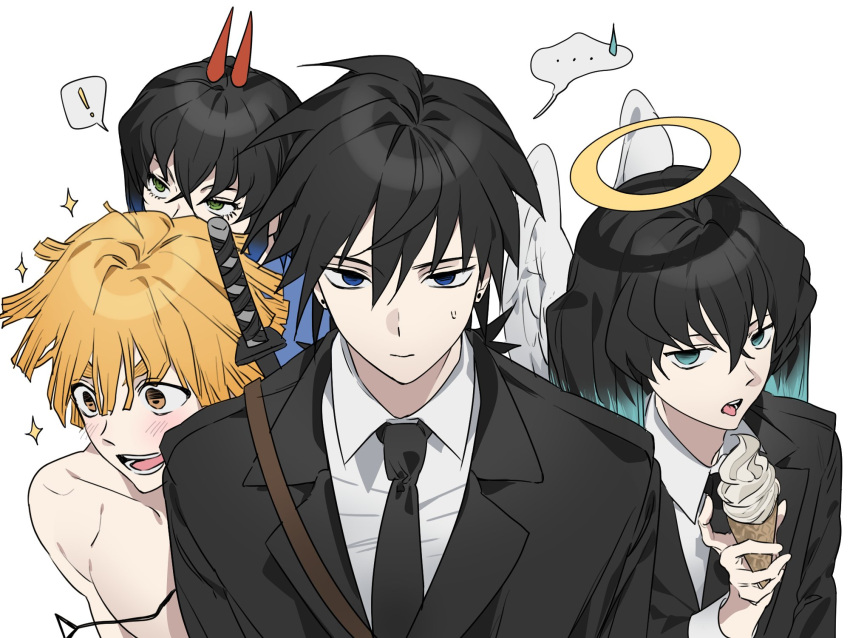 !, ..., 4boys, agatsuma_zenitsu, angel_devil_(chainsaw_man), angel_devil_(chainsaw_man)_(cosplay), angel_wings, aqua_eyes