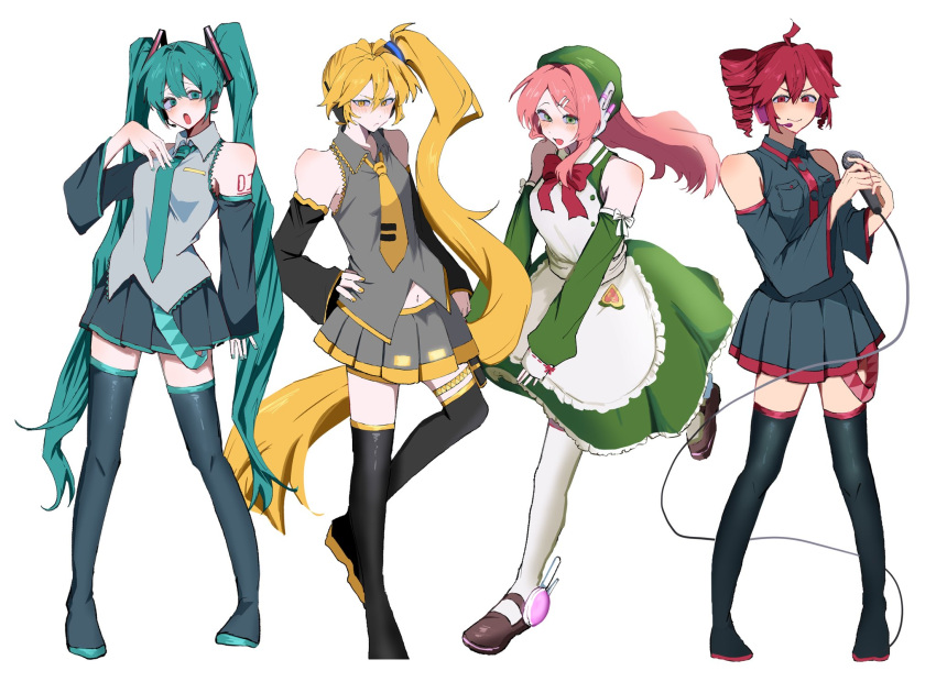 4girls, ahoge, akita_neru, apron, aqua_belt, aqua_eyes, aqua_hair, aqua_nails, aqua_necktie, aqua_trim, arm_tattoo, bare_shoulders, belt, beret, black_boots, black_skirt, black_sleeves, blonde_hair, boots, bow, bowtie, brown_sandals, buttons, closed_mouth, collared_shirt, dress, drill_hair, frown, green_dress, green_eyes, green_hat, grey_shirt, hair_between_eyes, hat, hatsune_miku, headphones, highres, himatubusiniki, holding, holding_microphone, kasane_teto, long_hair, microphone, momone_momo, multiple_girls, navel_peek, necktie, number_tattoo, open_mouth, pleated_skirt, pocket, red_belt, red_bow, red_bowtie, red_eyes, red_trim, ribbon, sandals, shirt, side_ponytail, simple_background, skirt, smile, tattoo, thigh-highs, thigh_strap, tie_clip, twin_drills, twintails, utau, very_long_hair, vocaloid, white_apron, white_background, white_ribbon, white_shirt, white_thighhighs, yellow_eyes, yellow_nails, yellow_trim