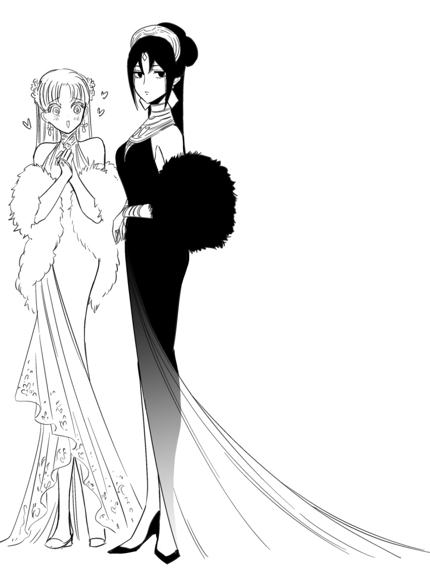 2girls, :d, bare_shoulders, blush, bracelet, breasts, closed_mouth, d'orsay_heels, diamond_earrings, dress, earrings, empty_eyes, evening_gown, expressionless, feather_boa, flower, flower-shaped_pupils, flower_earrings, forehead_jewel, from_side, full_body, genderswap, genderswap_(mtf), greyscale, hades_(ohitsuji_ei), hair_bun, hair_flower, hair_ornament, halter_dress, halterneck, heart, high_heels, highres, jewelry, jitome, long_dress, long_hair, looking_at_another, looking_at_viewer, looking_to_the_side, medium_breasts, monochrome, multiple_girls, ohitsuji_ei, own_hands_together, parted_bangs, persephone_(ohitsuji_ei), see-through_dress_layer, simple_background, sleeveless, sleeveless_dress, smile, standing, symbol-shaped_pupils, tiara, white_background, yukai_na_shintouki