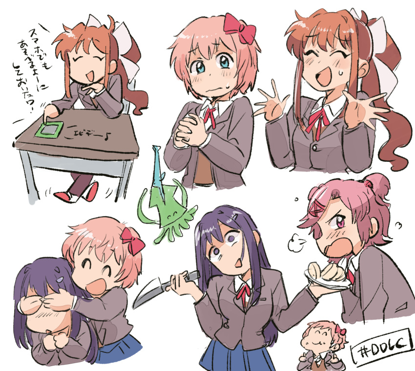 4girls, blue_eyes, brown_hair, brown_jacket, brown_leggings, doki_doki_literature_club, doki_doki_literature_club_school_uniform, holding, holding_knife, jacket, knife, leggings, monika_(doki_doki_literature_club), multiple_girls, natsuki_(doki_doki_literature_club), neck_ribbon, open_clothes, open_jacket, orange_shirt, pink_eyes, pink_hair, pleated_skirt, purple_hair, red_ribbon, ribbon, sayori_(doki_doki_literature_club), school_uniform, shirt, short_twintails, skirt, sweatdrop, translation_request, tsubobot, twintails, violet_eyes, yuri_(doki_doki_literature_club)