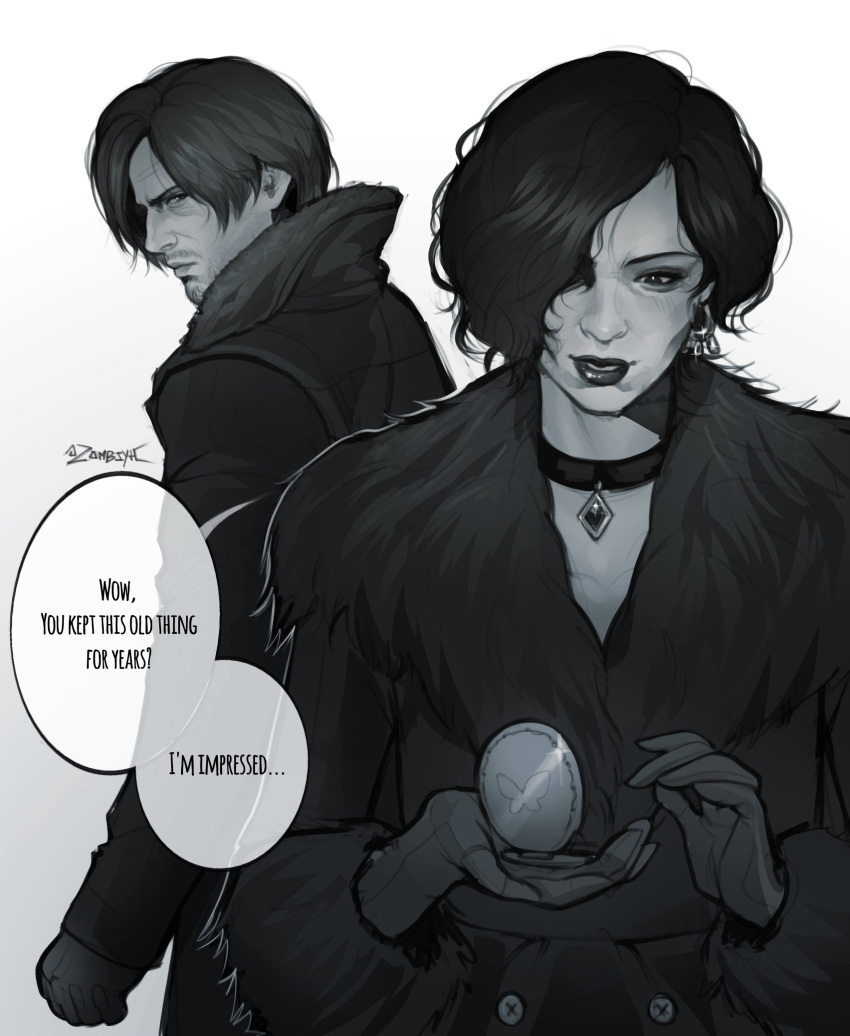 1boy, 1girl, ada_wong, coat, collar, english_text, hair_between_eyes, highres