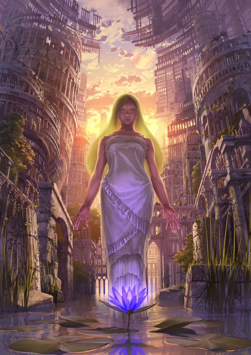 architecture, bare_shoulders, circlet, dress, earrings, flower, glowing, hands