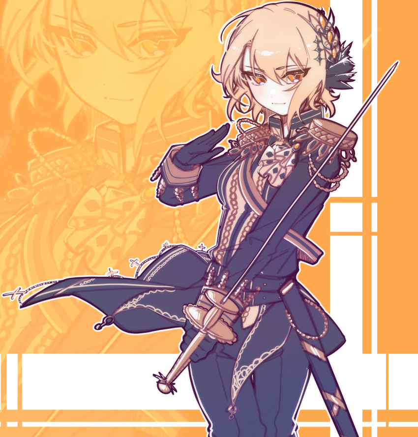 1girl, aiguillette, bai_weizi_lingzi, black_gloves, black_jacket, black_pants, blonde_hair, breasts