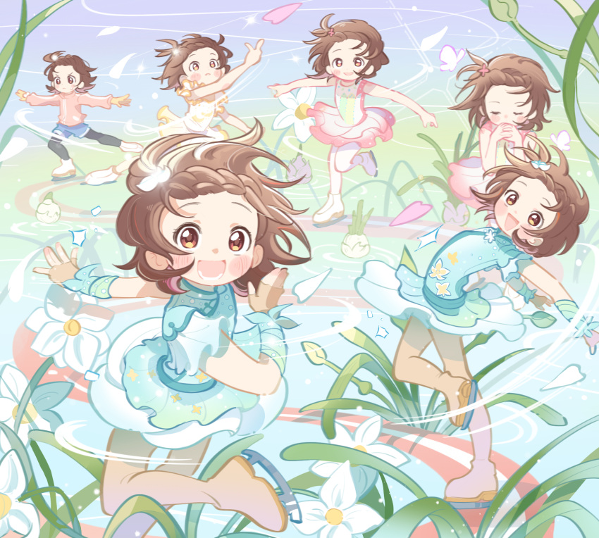 1girl, :d, black_pantyhose, blue_dress, blush, braid, brown_eyes, brown_hair