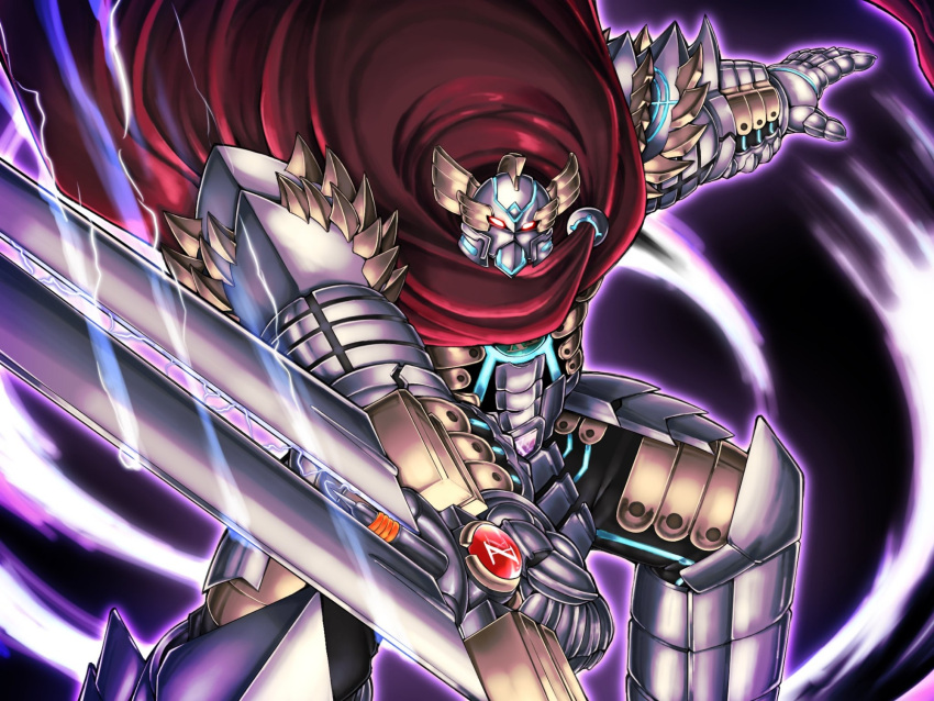1boy, armor, cape, duel_monster, full_armor, gauntlets, glowing, glowing_eye