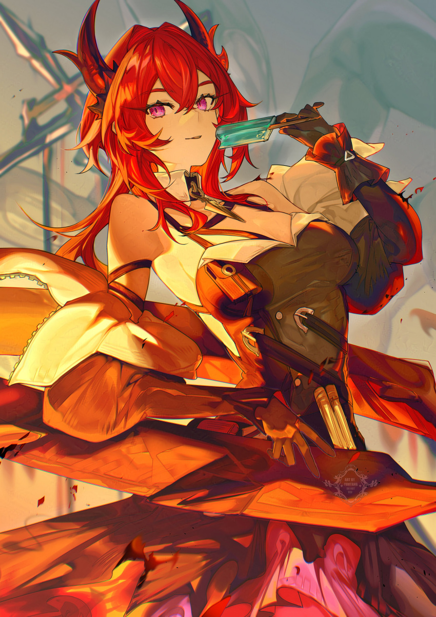 1girl, absurdres, arknights, arknights:_endfield, bare_shoulders, black_dress, black_gloves, black_horns, breasts, closed_mouth, commentary, cowboy_shot, demon_horns, dress, food, from_side, gloves, hair_between_eyes, hair_intakes, highres, holding, holding_food, holding_popsicle, horns, laevatein_(arknights), long_hair, looking_at_viewer, popsicle, red_hair, solo, surtr_(arknights), violet_eyes, yun-yang