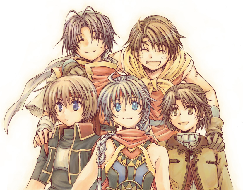 5boys, :d, bandana, bandanna, bangs, black_hair, blue_eyes, braid