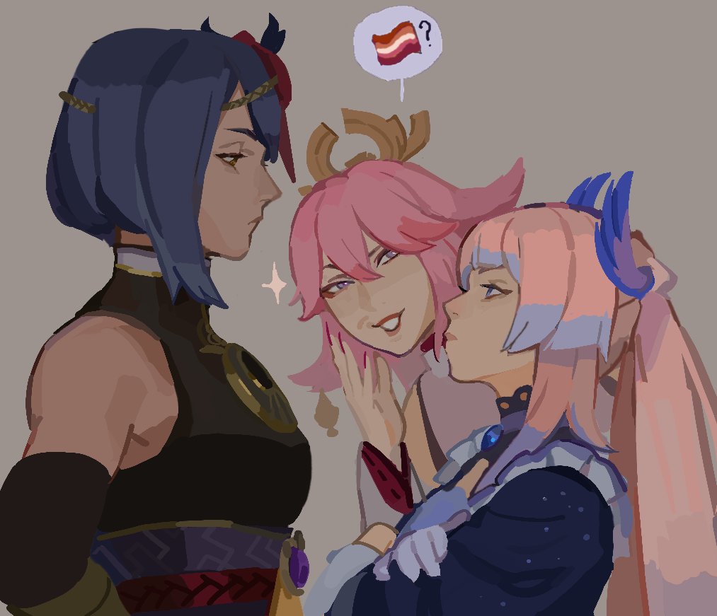 3girls, ?, animal_ears, arms_behind_back, black_shirt, blue_bow, blue_eyes, blue_gemstone