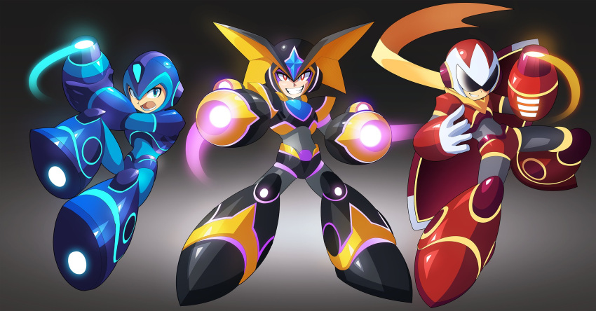 3boys, android, arm_cannon, armor, assault_visor, bass_(mega_man), black_armor, black_helmet